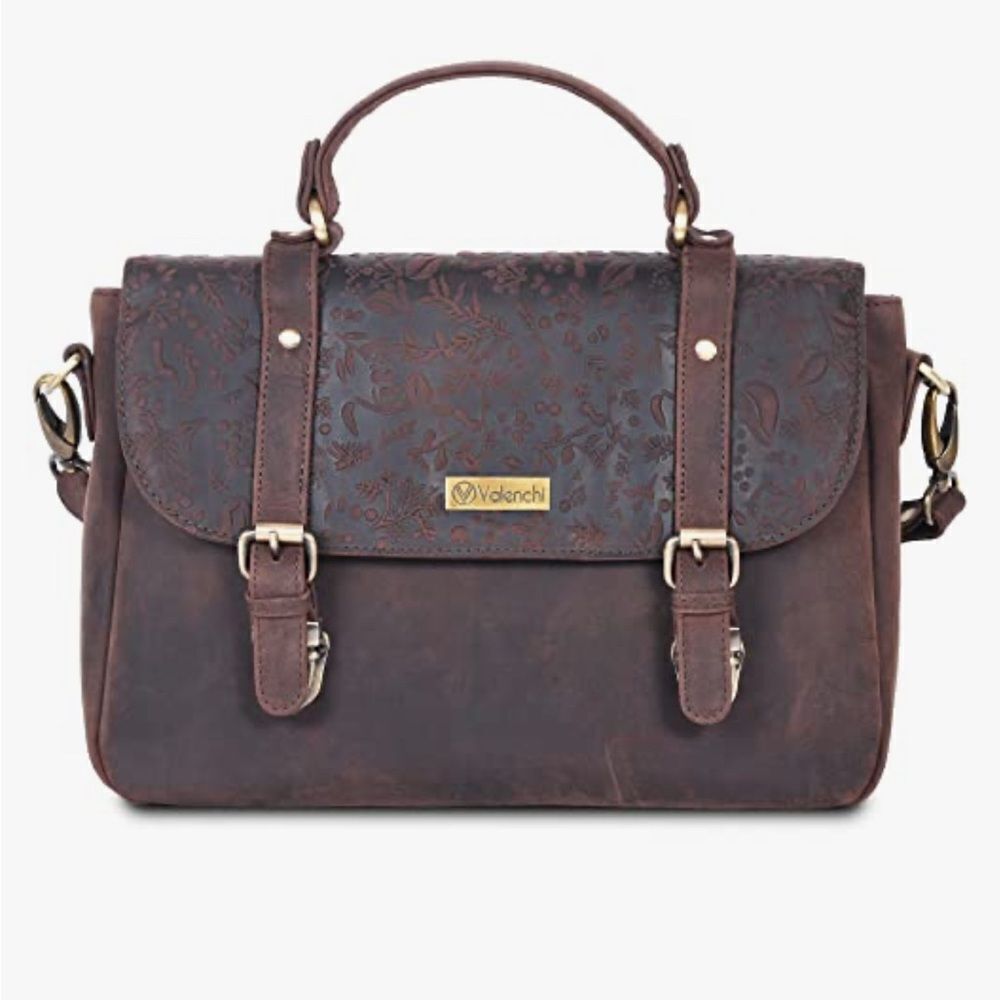 VALENCHI Brown Leather Floral Travel Bag for Women EUC